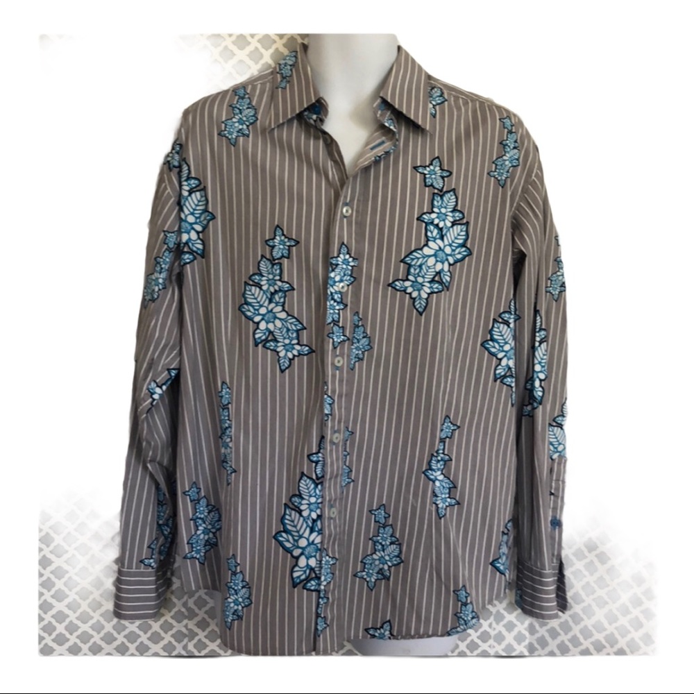 Vtg Sean Jean striped gray slim blue floral mens shirt size XL 100% cotton
